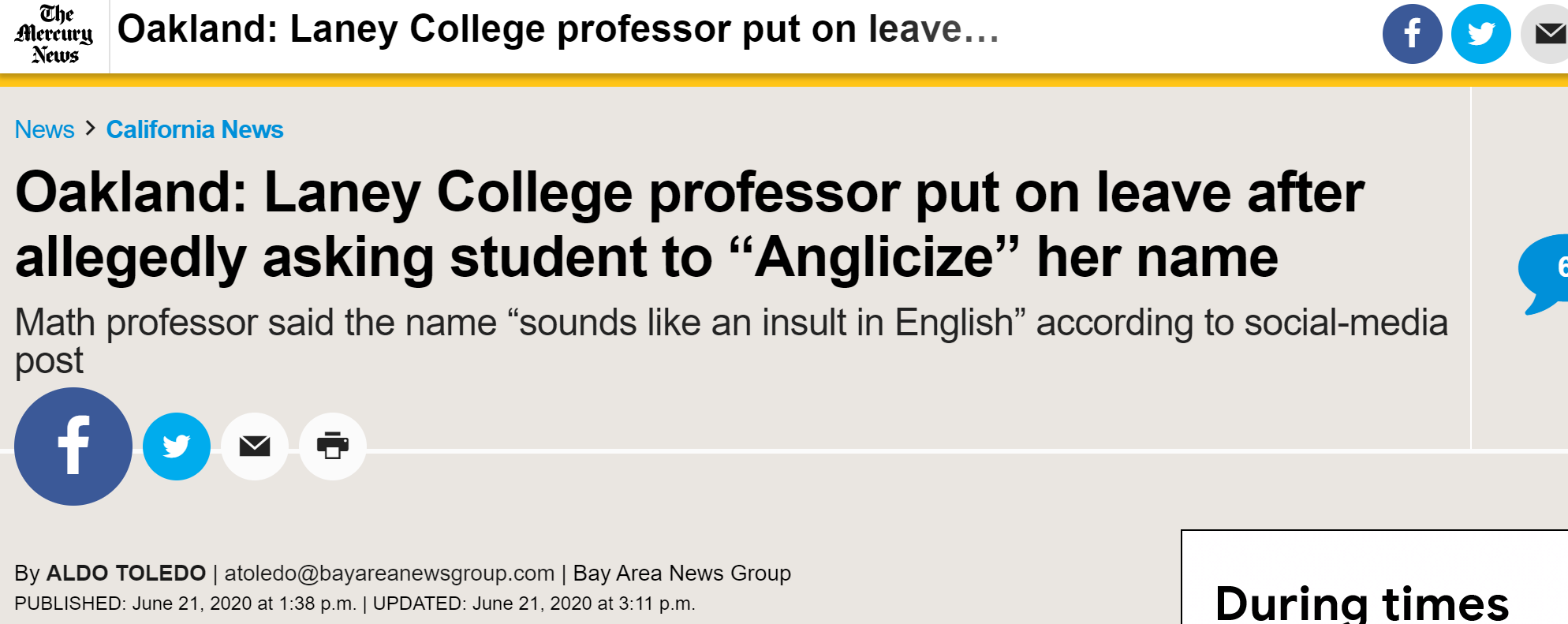 圣何塞信使新闻》：奥克兰兰尼学院教授因涉嫌要求学生将她的名字“英语化”而被停职